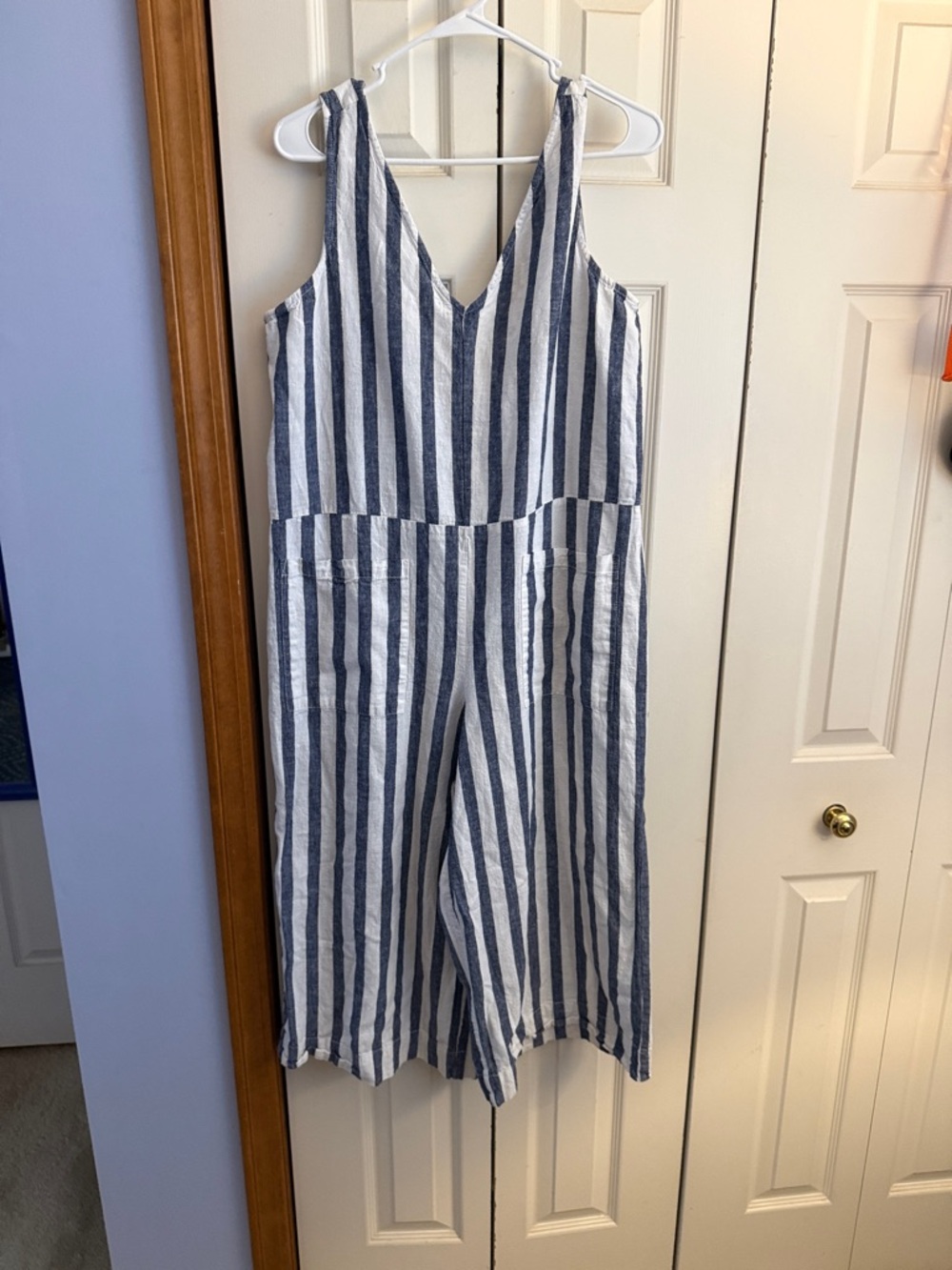 beachlunchlounge Blue and White Striped Linen Jumpsuit